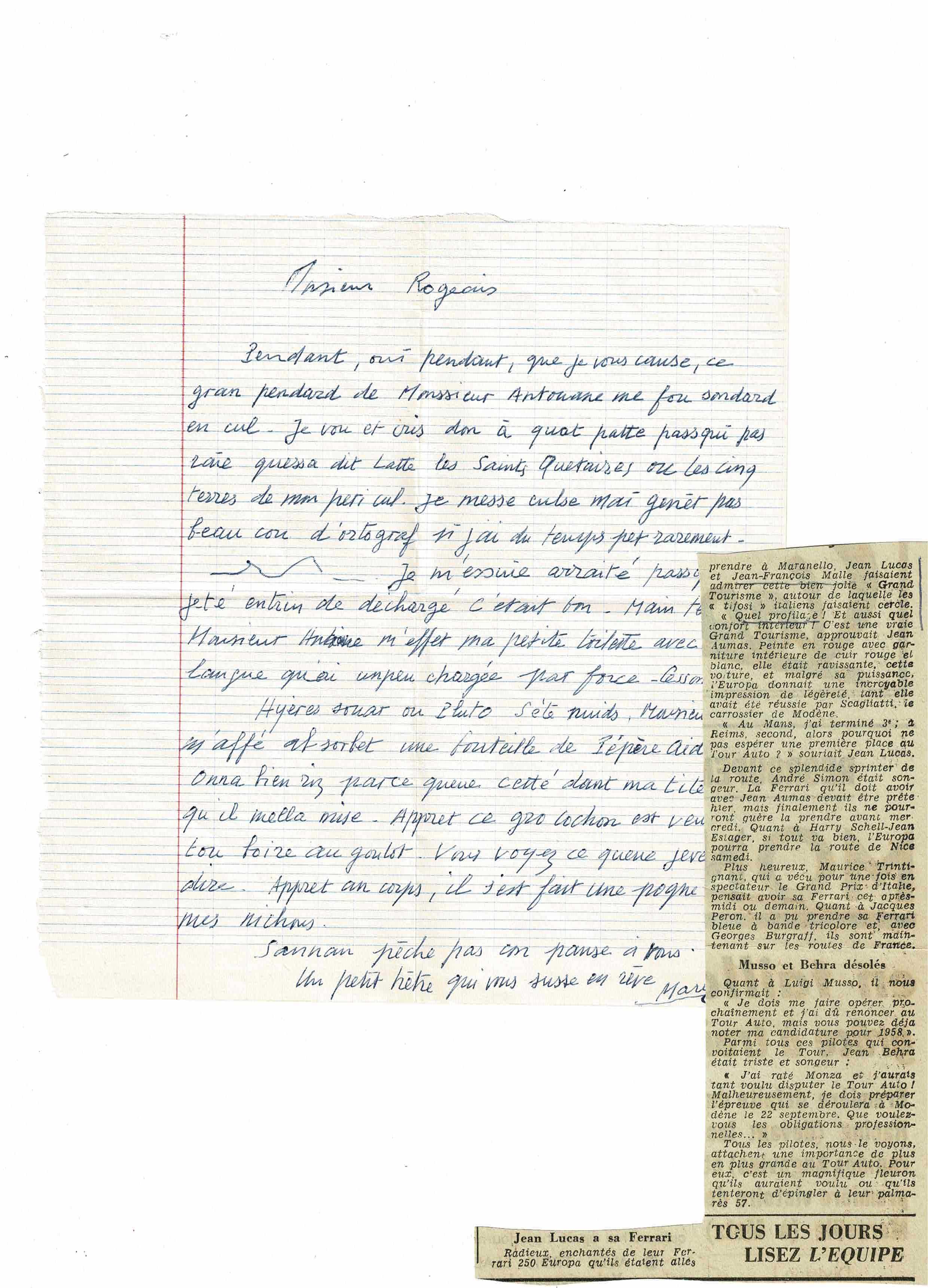 BLONDIN : Lettre manuscrite inédite très cochonne adressée à son meilleur  ami Roger Nimier depuis Réalmont (Tarn) : 