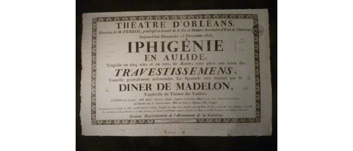Théâtre d'Orléans. Iphigénie en Aulide, suivi des Travestissemens et du Dîner de Madelon - First edition - Edition-Originale.com