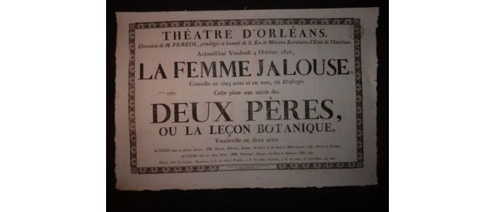 Théâtre d'Orléans. La Femme jalouse, suivi de Deux pères, ou la leçon botanique - First edition - Edition-Originale.com