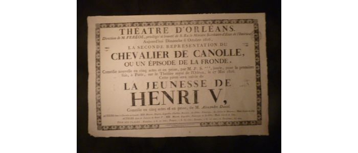 Théâtre d'Orléans. Le Chevalier de Canolle, ou un épisode de la fronde, suivi de La Jeunesse de Henri V - First edition - Edition-Originale.com