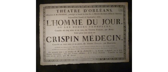 Théâtre d'Orléans. L'Homme du jour, ou les dehors trompeurs, suivi de Crispin médecin - First edition - Edition-Originale.com