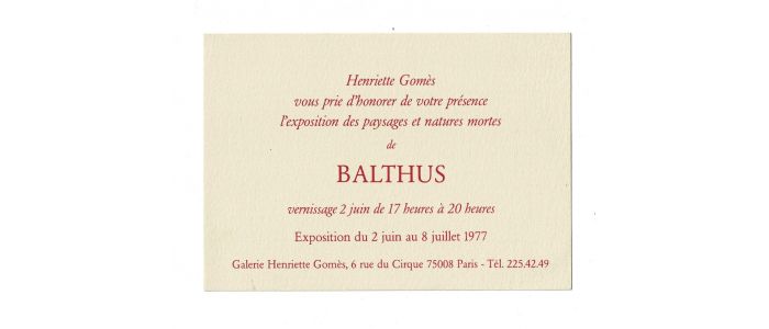 BALTHUS : Carton d'invitation à l'exposition Balthus à la Galerie Henriette Gomès - Edition Originale - Edition-Originale.com