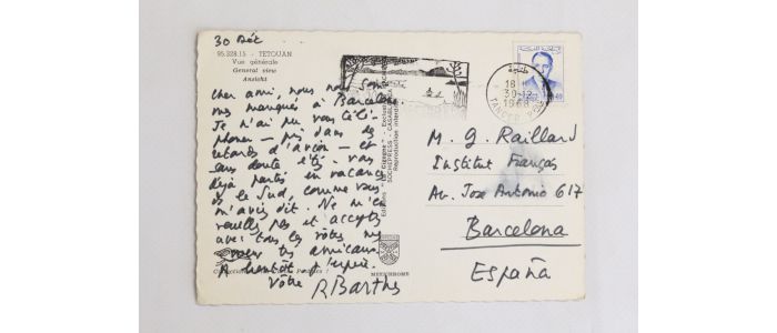 BARTHES : Carte postale autographe signée adressée à Georges Raillard - Signiert, Erste Ausgabe - Edition-Originale.com