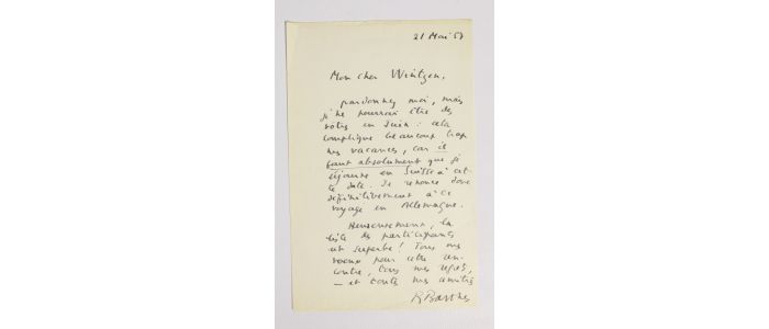 BARTHES : Lettre autographe signée de Roland Barthes à René Wintzen - Autographe, Edition Originale - Edition-Originale.com