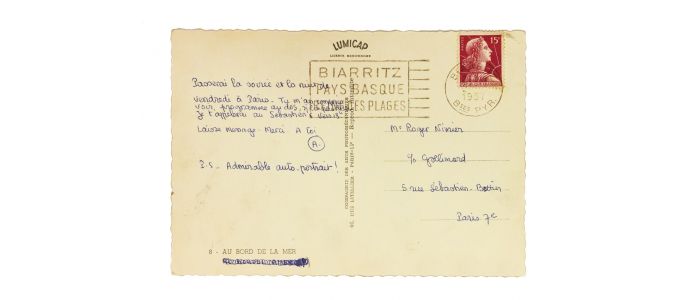 BLONDIN : Carte postale autographe signée adressée à son meilleur ami Roger Nimier depuis Biarritz - Signiert, Erste Ausgabe - Edition-Originale.com