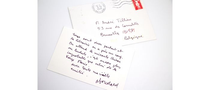 BOUDARD : Bristol manuscrit adressé à son grand ami le journaliste bruxellois, grand ami et biographe de Georges Brassens, André Tillieu - Signed book, First edition - Edition-Originale.com