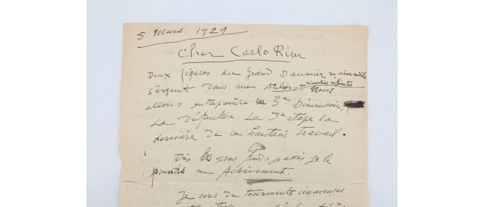 BOURDELLE : Lettre autographe signée adressée à Carlo Rim concernant les différents états d'une statue d'Honoré Daumier et d'une statue d'Adam Mickiewicz sur lesquels il travaille et des affres de leur création : 