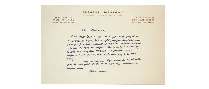 CAMUS : Lettre autographe signée à Maurice Noël à propos de la création 