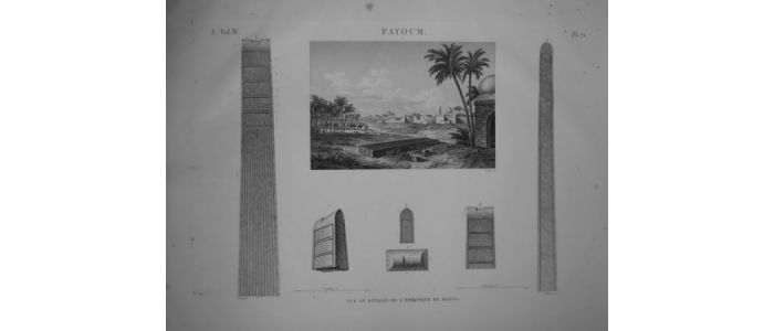 DESCRIPTION DE L'EGYPTE.  Fayoum. Vue et détails de l'obélisque de Begyg. (ANTIQUITES, volume IV, planche 71) - Prima edizione - Edition-Originale.com