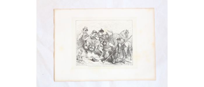 Cervantès, Don Quichotte,Don Quichotte qui s'était déjà jeté à genoux au côté de Sancho. Gravure originale sur bois debout. Tome 2, ch.10 - Erste Ausgabe - Edition-Originale.com