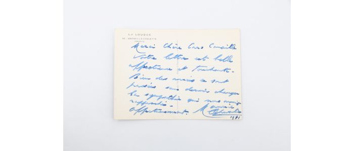 CHEVALIER : Carte postale autographe dédicacée de Maurice Chevalier adressée à l'écrivain Caro Canaille, la femme de Carlo Rim - Autographe, Edition Originale - Edition-Originale.com