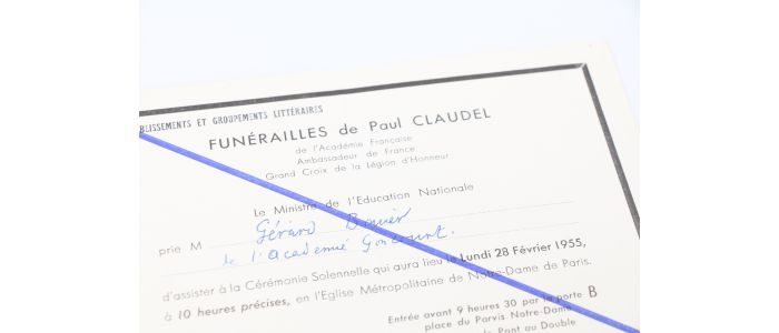 CLAUDEL : Invitation nominative aux funérailles de Paul Claudel le Lundi 28 Février 1955 en l'église Notre-Dame de Paris - Edition Originale - Edition-Originale.com