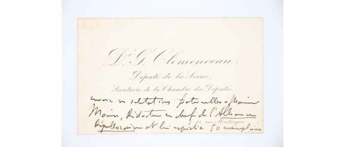 CLEMENCEAU : Carte de visite autographe signée adressée au rédacteur en chef de l'Alliance républicaine - Autographe, Edition Originale - Edition-Originale.com