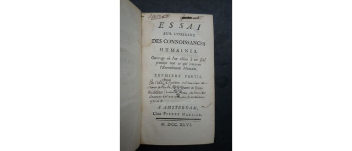 CONDILLAC : Essai sur l'origine des connoissances humaines - First edition - Edition-Originale.com