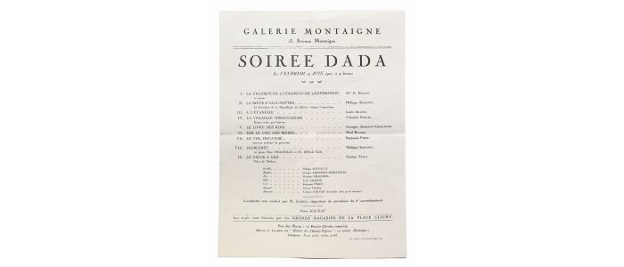 DADA : [Affiche Dada] Tract Dada - Soirée Dada à la Galerie Montaigne le vendredi 10 juin 1921 à la Galerie Montaigne - Edition Originale - Edition-Originale.com