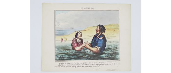 DAUMIER : Lithographie originale en couleurs - Aux Bains de mer - 