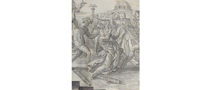 Lectus Apostolicum in caetum dum sorte Matthias, Postquam per patrias vere documenta salutis, Faederis atque novi divinus sparserat urbes Vulnifica sua colla dedit ferienda securi. (Gravure originale du XVIIe siècle) - Prima edizione - Edition-Originale.com