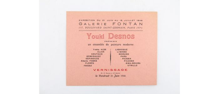 DESNOS : Carton d'invitation au vernissage de l'exposition de peinture moderne organisée par Youki Desnos à la Galerie Fontan - Edition Originale - Edition-Originale.com