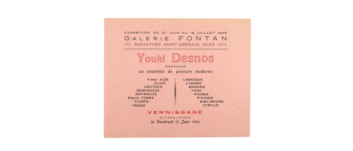 DESNOS : Carton d'invitation au vernissage de l'exposition de peinture moderne organisée par Youki Desnos à la Galerie Fontan - Erste Ausgabe - Edition-Originale.com