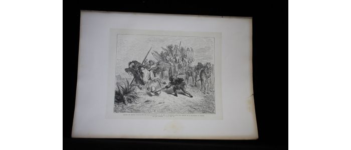 Cervantès, Don Quichotte, Quand ce magot s'approcha de Don Quichotte, il se mit à escrimer avec son bâton et à frapper la terre de ses vessies. Gravure originale sur bois debout. Tome 2, ch.11 - Erste Ausgabe - Edition-Originale.com