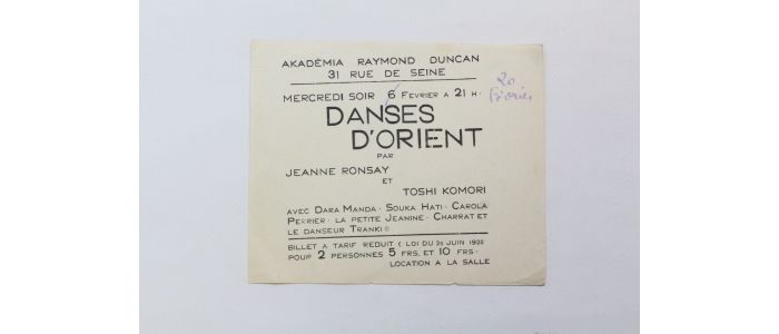 DUNCAN : Invitation aux représentations des danses d'Orient créées par Jeanne Ronsay et Toshi Komori à l'Akadémia de Raymond Duncan - Edition Originale - Edition-Originale.com