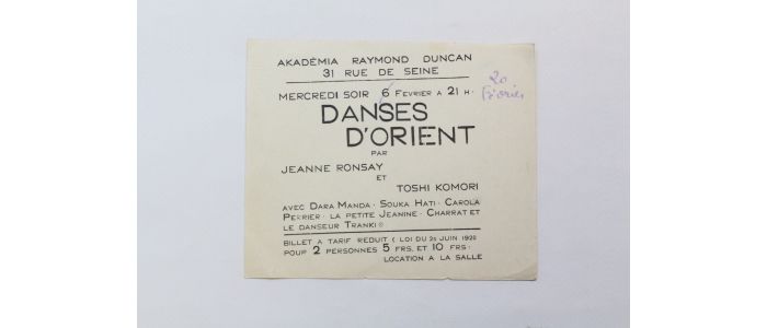 DUNCAN : Invitation aux représentations des danses d'Orient créées par Jeanne Ronsay et Toshi Komori à l'Akadémia de Raymond Duncan - Prima edizione - Edition-Originale.com