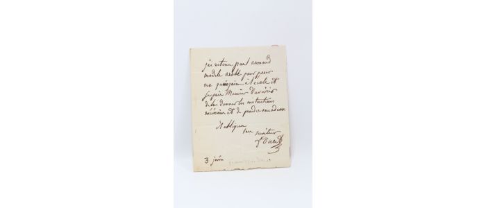DURET : Lettre autographe signée au chef du secrétariat des beaux-arts : Adolphe Saint Vincent Duvivier - Autographe, Edition Originale - Edition-Originale.com