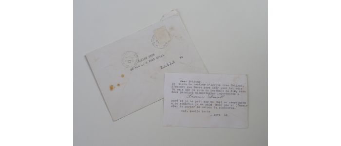 DURRELL : Carte de visite dactylographiée adressée à Jani Brun 