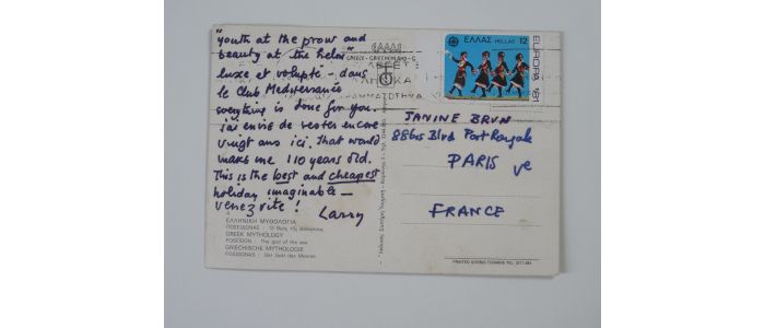 DURRELL : Carte postale autographe signée adressée à Jani Brun : 