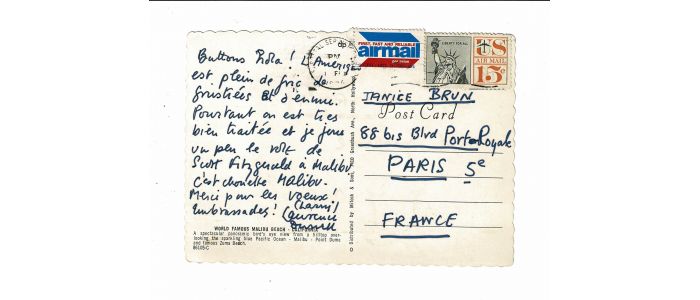 DURRELL : Carte postale autographe signée de Lawrence Durrell adressée à Jani Brun : 