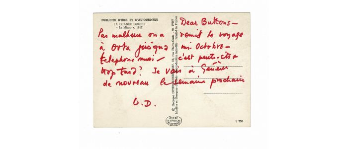 DURRELL : Carte postale autographe signée de Lawrence Durrell adressée à Jani Brun : 
