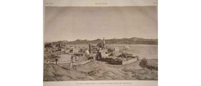 DESCRIPTION DE L'EGYPTE.  Minyeh. Vue de la ville et de la chaîne arabique, prise du couchant. (ETAT MODERNE, volume I, planche 4) - Edition Originale - Edition-Originale.com