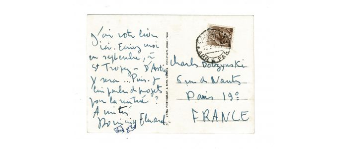 ELUARD : Carte postale autographe signée datée du 25 août1953 adressée au poète Charles Dobzynski - Autographe, Edition Originale - Edition-Originale.com
