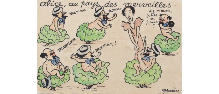 GASSIER : Humoristique dessin original signé faisant référence au film Fanny de Marc Allégret et Marcel Pagnol réalisé à l'aide de plusieurs crayons de couleurs et adressé à ses amis Alice et Carlo Rim - Signiert, Erste Ausgabe - Edition-Originale.com