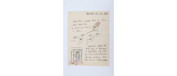 GASSIER : Humoristique lettre autographe signée à son grand ami Carlo Rim enrichie de trois dessins originaux en couleurs - Signiert, Erste Ausgabe - Edition-Originale.com