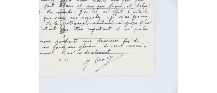 GRACQ : Carte postale autographe signée de Julien Gracq adressée à son proche ami et monographe Ariel Denis : 
