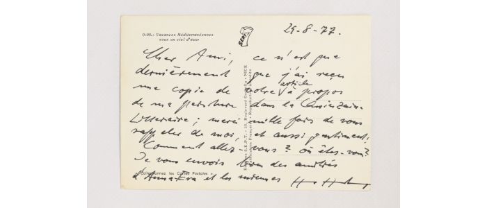 HARTUNG : Carte postale autographe adressée à Georges Raillard - Signiert, Erste Ausgabe - Edition-Originale.com
