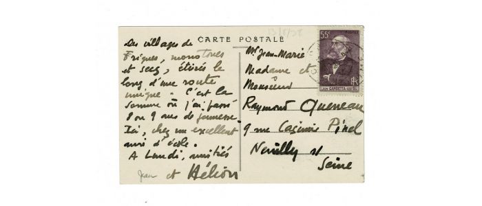 HELION : Carte postale autographe signée adressée à Raymond Queneau - Autographe, Edition Originale - Edition-Originale.com