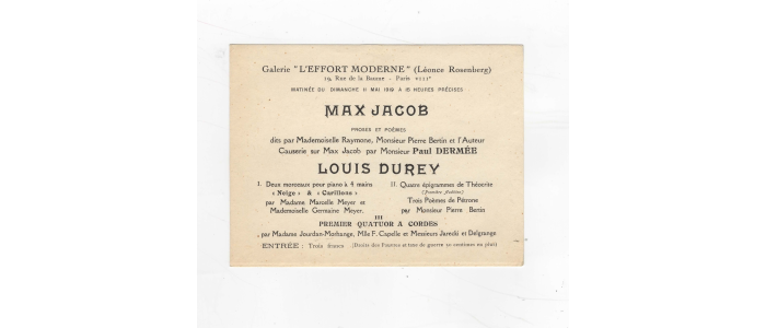 JACOB : Carton d'invitation à la soirée Max Jacob à la galerie de L'effort moderne de Léonce Rosenberg - Edition Originale - Edition-Originale.com