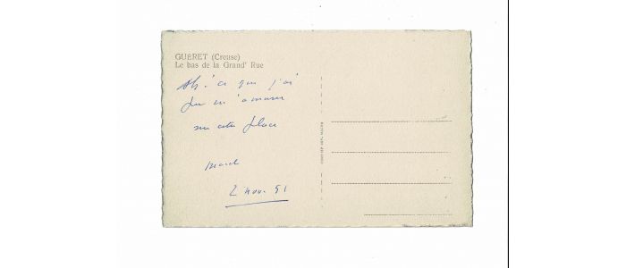 JOUHANDEAU : Carte postale autographe signée de Marcel Jouhandeau écrite à Guéret - Autographe, Edition Originale - Edition-Originale.com