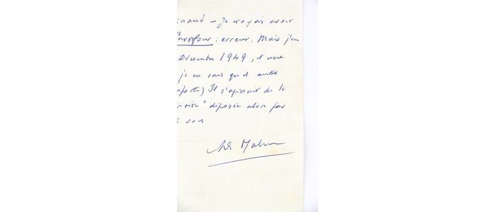MALRAUX : Lettre autographe datée et signée à André Parinaud à propos d'un article de presse paru dans le journal gaulliste Carrefour du 20 décembre 1949 - Libro autografato, Prima edizione - Edition-Originale.com