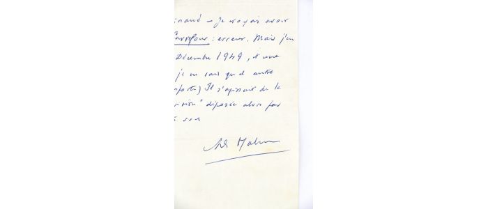 MALRAUX : Lettre autographe datée et signée à André Parinaud à propos d'un article de presse paru dans le journal gaulliste Carrefour du 20 décembre 1949 - Signed book, First edition - Edition-Originale.com