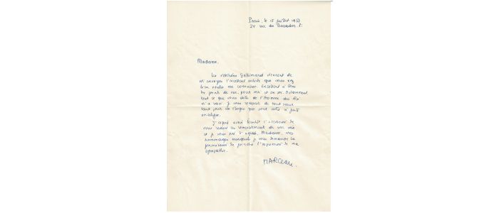 MARCEAU : Lettre autographe signée datée du 15 juillet 1953 - Autographe, Edition Originale - Edition-Originale.com