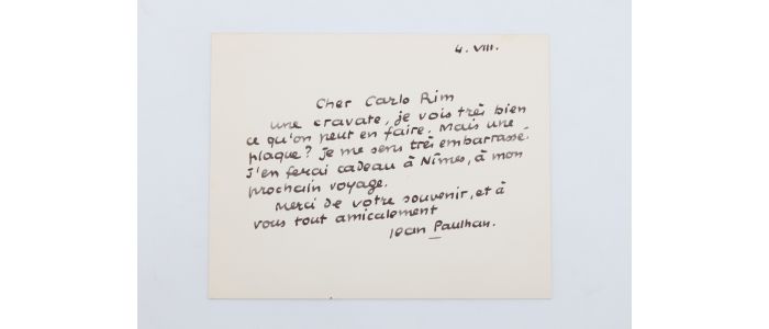 PAULHAN : Bristol autographe signé adressé à Carlo Rim - Signiert, Erste Ausgabe - Edition-Originale.com