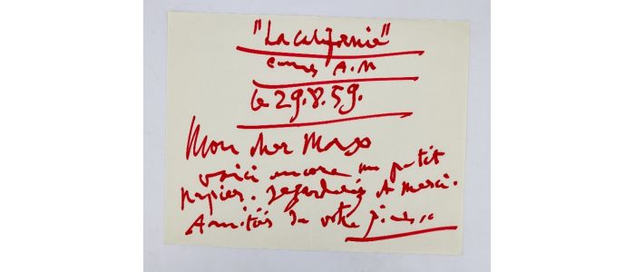 PICASSO : Lettre autographe signée au feutre rouge adressée à Max Pellequer - Signiert, Erste Ausgabe - Edition-Originale.com