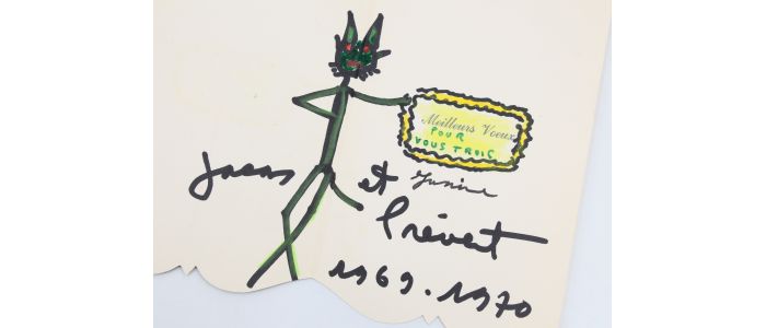 PREVERT : Carte de voeux dédicacée à son ami Baudry enrichie d'un dessin original - Autographe, Edition Originale - Edition-Originale.com