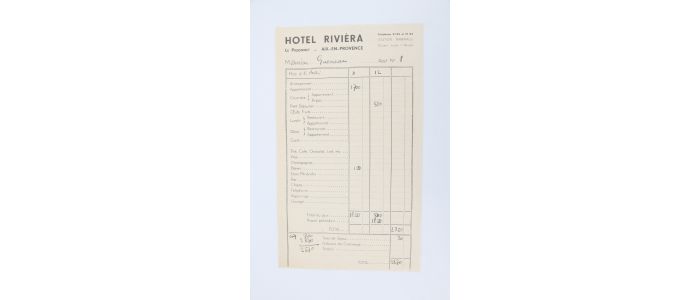 QUENEAU : Note d'hôtel de Raymond Queneau de passage à Aix-en-Provence - First edition - Edition-Originale.com