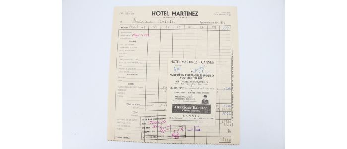 QUENEAU : Note d'hôtel de Raymond Queneau pour le Festival de Cannes 1952 - Prima edizione - Edition-Originale.com