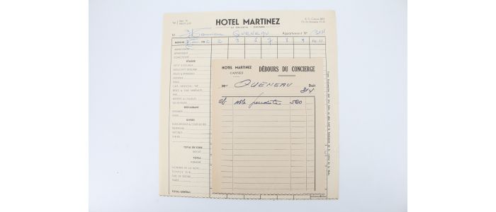 QUENEAU : Note d'hôtel de Raymond Queneau pour le Festival de Cannes 1952 - Edition Originale - Edition-Originale.com