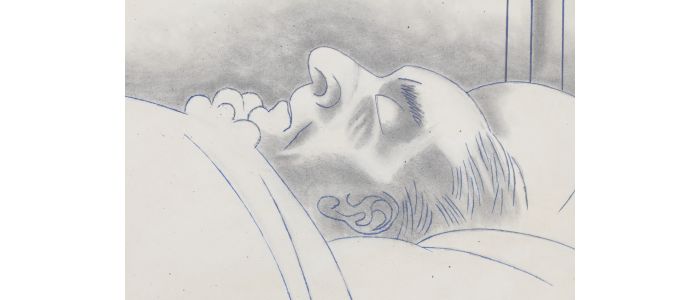 RIM : Dessin original au stylo bille bleu rehaussé au crayon noir représentant son grand ami Raimu sur son lit de mort - Libro autografato, Prima edizione - Edition-Originale.com